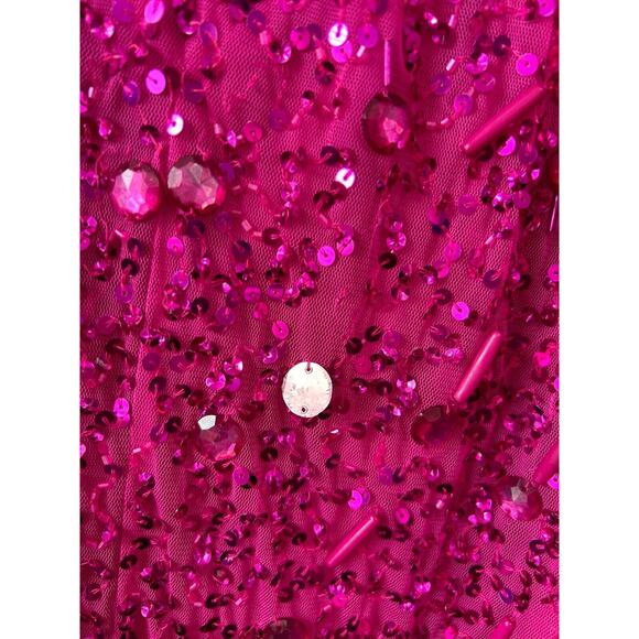 Mac Duggal Hot Pink Beaded Sequined Puff Sleeve One Shoulder Gown Dress Size 10 - Picture 12 of 16